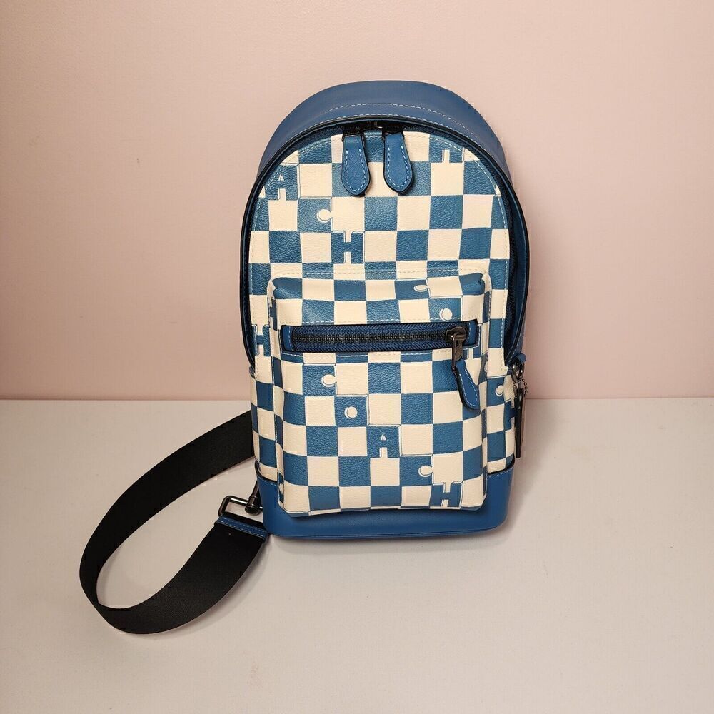 NWT Coach CR294 West Pack Checkerboard Blue Canvas Leather Sling Shoulder Bag